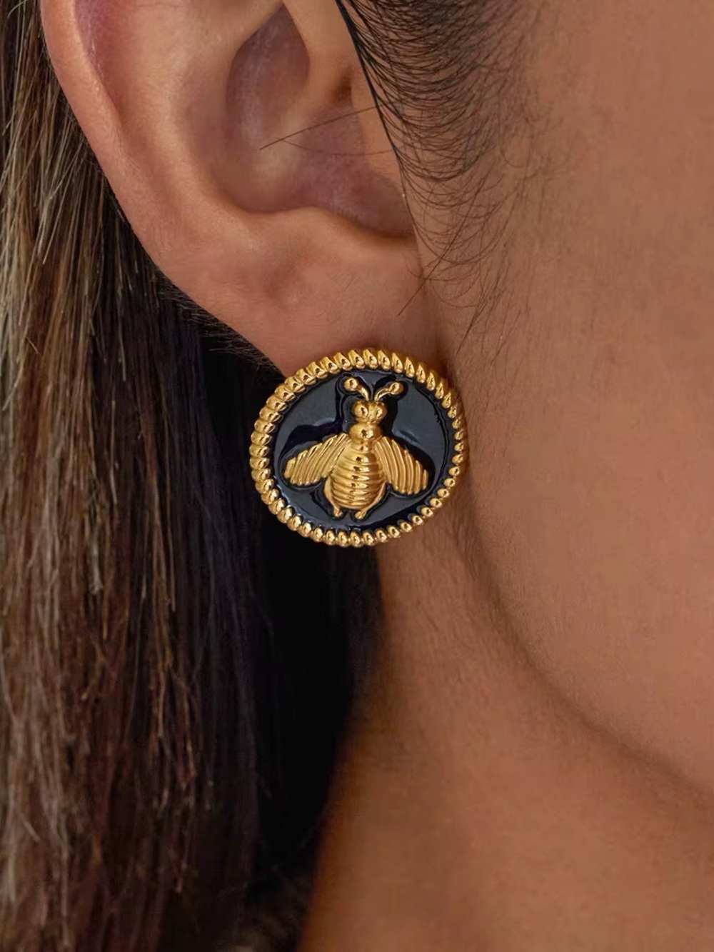 18K Gold Plated Black Enamel Button Bee Stud Earrings - Picture 2 of 6